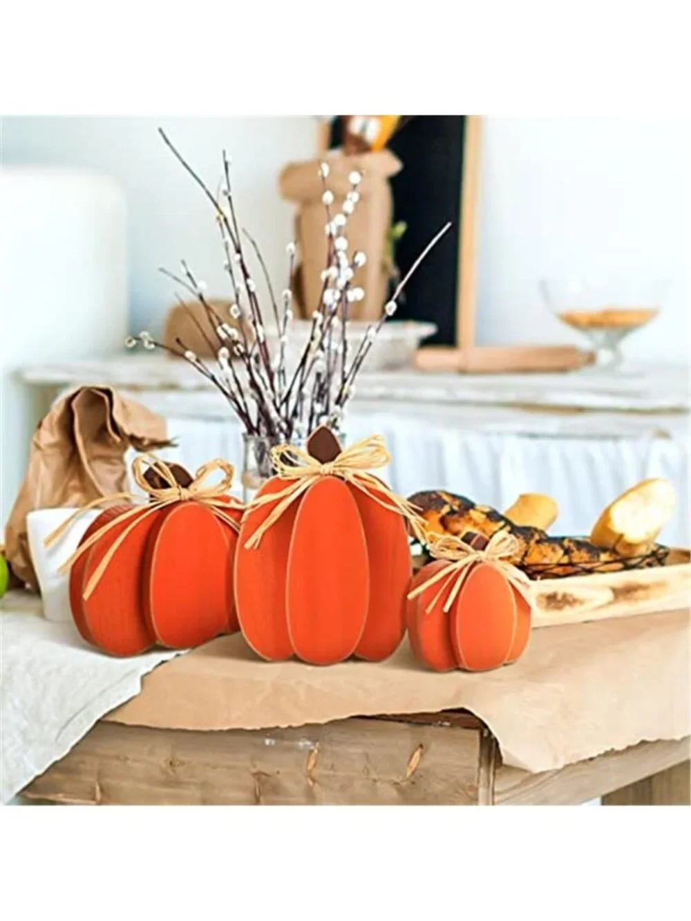 3 Pcs Fall Pumpkin Decor 3D Wooden Pumpkin Tabletop Decor